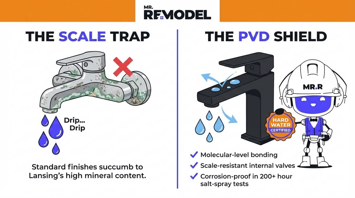 A technical plumbing infographic for Lansing homeowners comparing standard faucet finishes that fail due to hard water minerals against durable PVD-coated fixtures designed for long-term scale resistance.